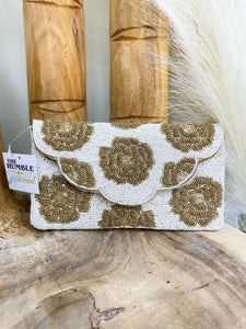 White and Gold Flower Beaded Clutch