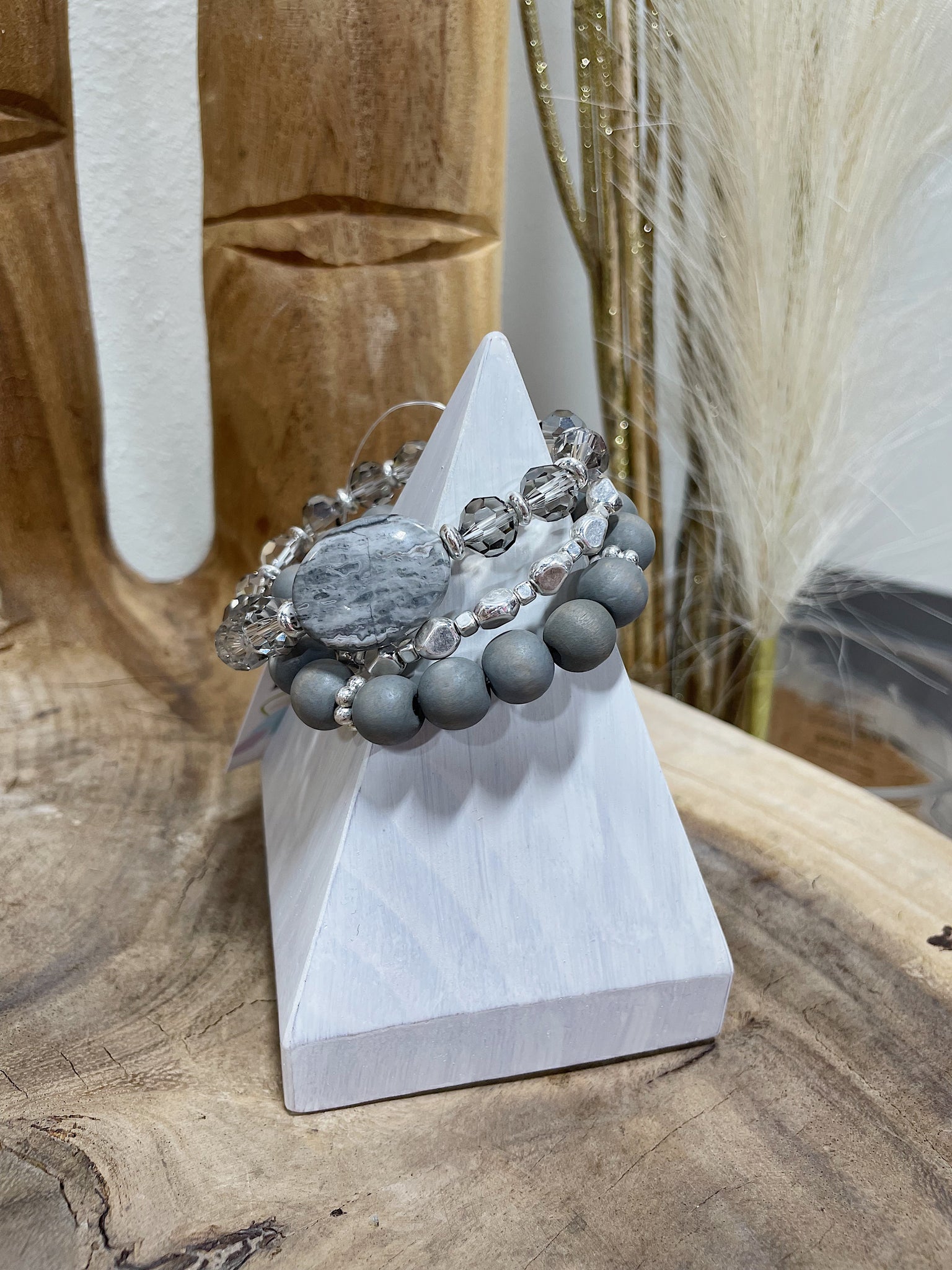 Grey and Silver Beaded Bracelet Set
