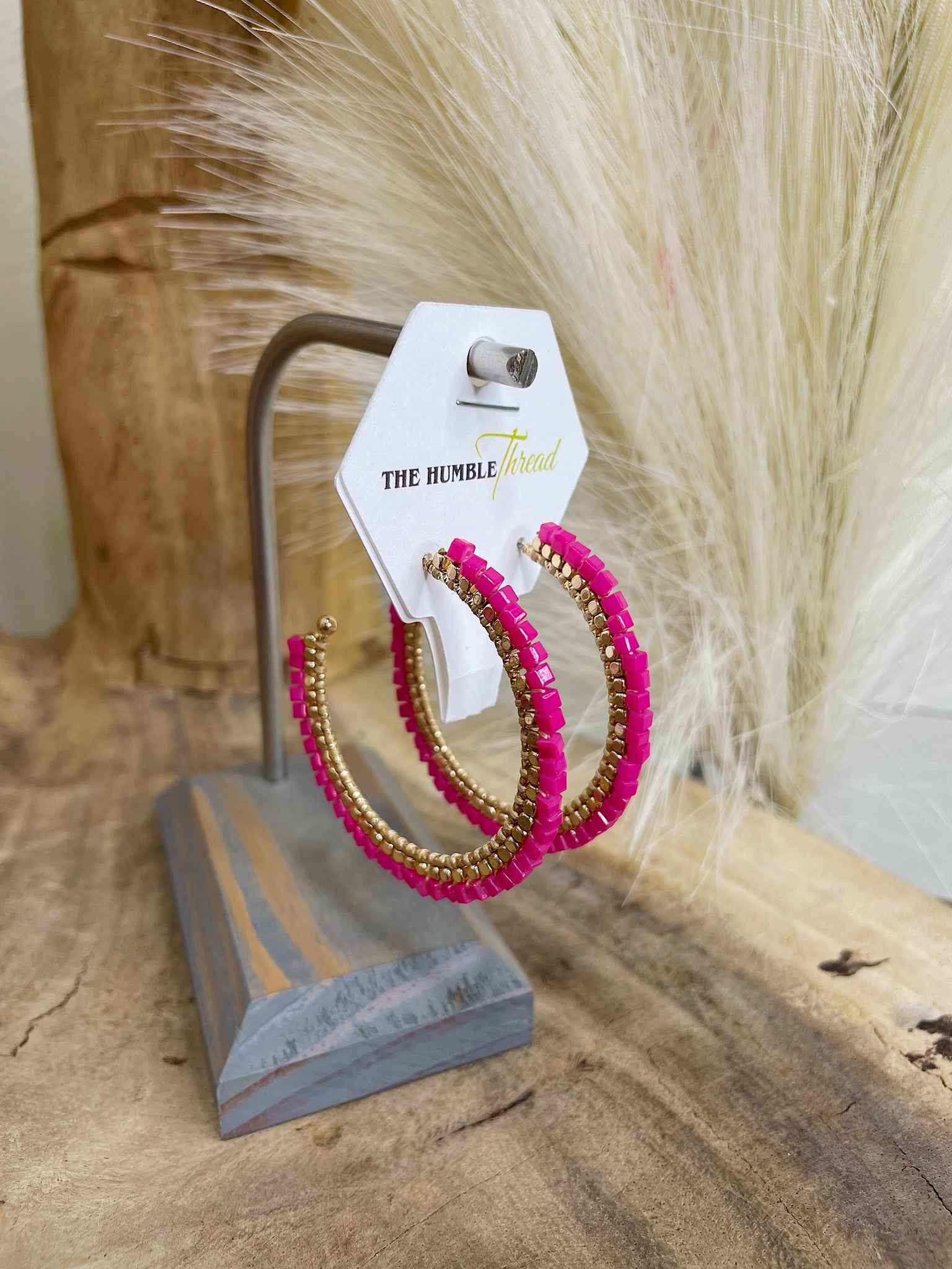 Hot Pink Beaded Hoop Earrings